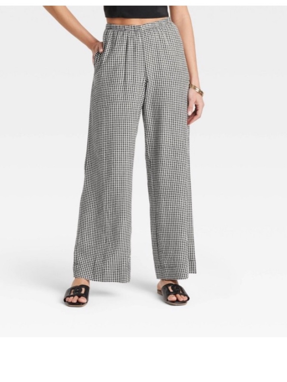 A New Day Black,White Gingham Checkered Wide-Leg Linen Blend Pants, Size Small